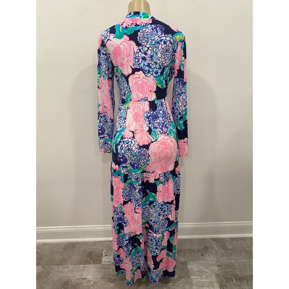 Lilly Pulitzer Martinique Tiered Maxi Dress Womens MED Navy Blue Floral Resort - Picture 3 of 16